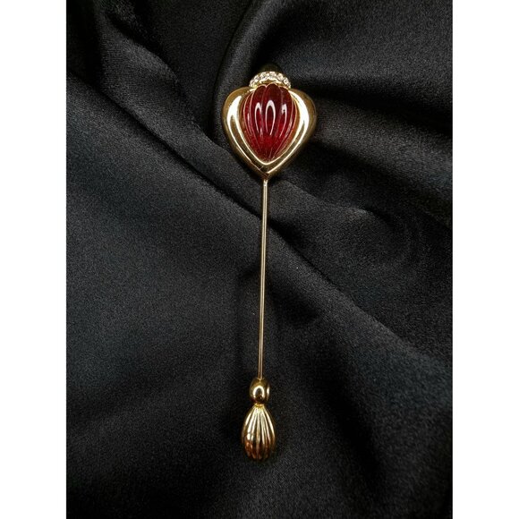 Rare Find Vintage JESARA Signed Gold-Tone Stick Pin With Red Heart & Green - Picture 3 of 5